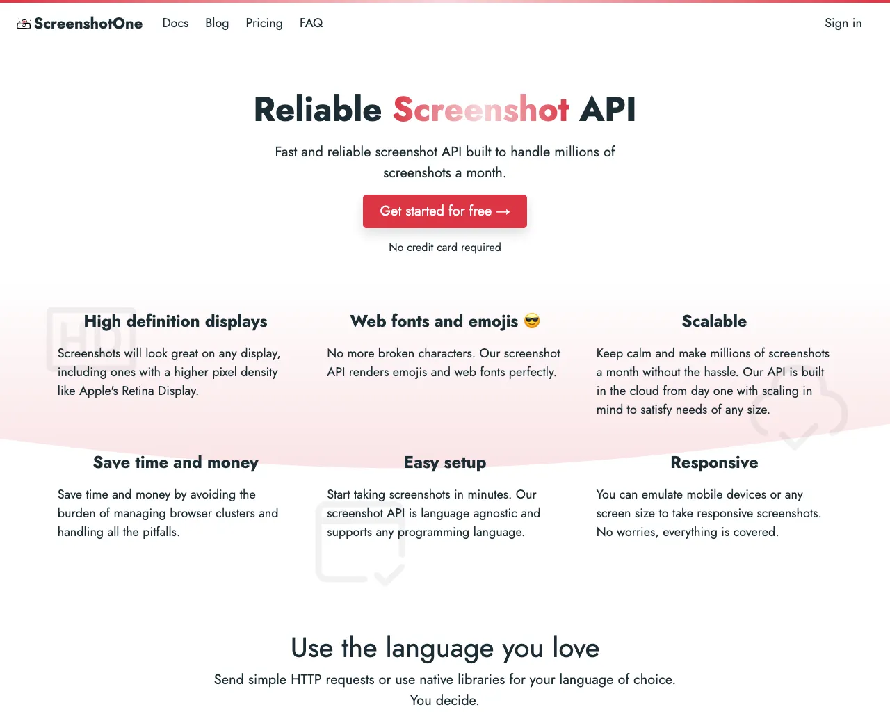 A screenshot of the ScreenshotOne site taken by screenshot
API